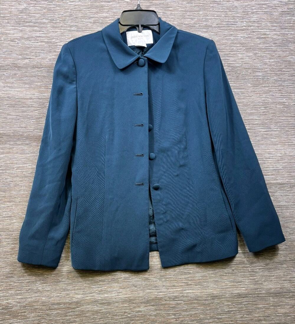 Jones New York Army Blue Button Front Collared Lined Jacket Size 10 Business